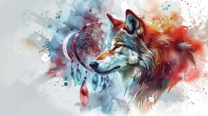 Wolf and Dream Catcher Painting - obrazy, fototapety, plakaty