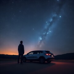 Fototapeta na wymiar Person standing beside a car, gazing at the mesmerizing Milky Way in the serene, dark night sky