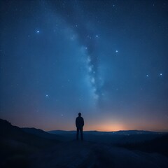 Silhouetted person against the mesmerizing Milky Way, showcasing the contrast between human existence and the infinite universe - obrazy, fototapety, plakaty