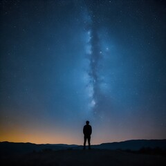 Obraz na płótnie Canvas Silhouetted person against the mesmerizing Milky Way, showcasing the contrast between human existence and the infinite universe