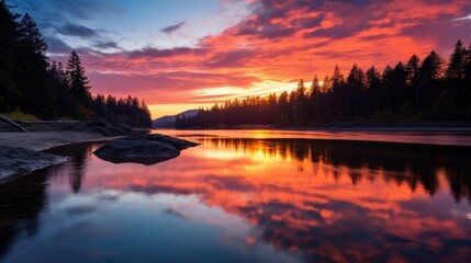 Fototapeta premium Beautiful landscape of calm river and fiery sunset