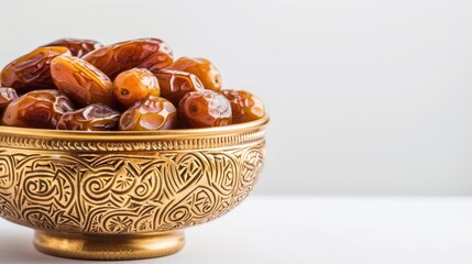 dates in a golden bowl against a pristine white background