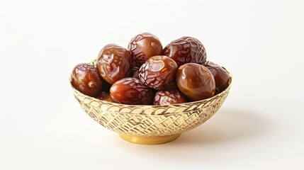 golden bowl filled with dates on a pristine white background