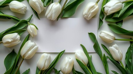 White Tulips and Card on Blue Background