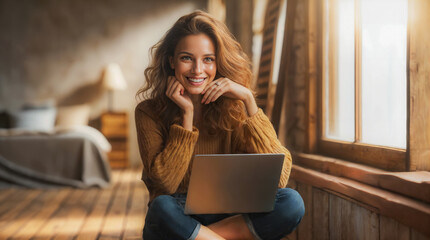 Smiling Woman with Laptop: Freelance Comfort and Remote Work at Home - 775236795