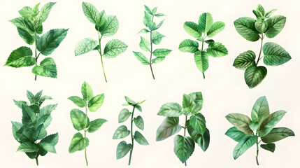Various types of mint leaves against a white background