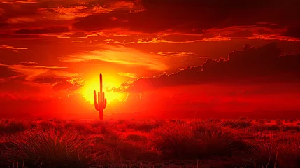Fotobehang A lone cactus silhouette against a backdrop of a blazing sun, embodying desert survival © weerasak