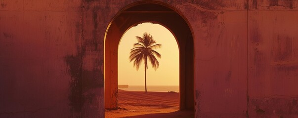 Archway view of a solitary palm tree at sunset