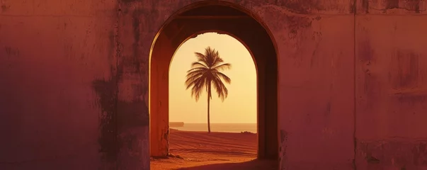 Foto op Canvas Archway view of a solitary palm tree at sunset © LabirintStudio