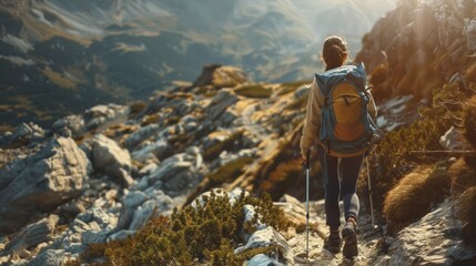 Hiker woman with trekking sticks climbs steep on mountain trail
