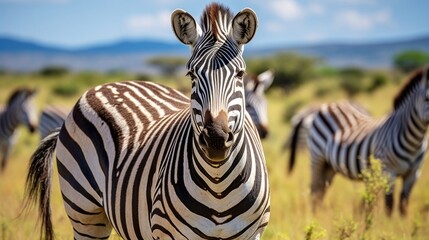 Zebra herd grazing on green grass in nature - obrazy, fototapety, plakaty