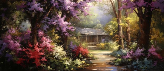 Peaceful scene of a cozy cabin nestled in the woods, enhanced by colorful flowers and lush trees