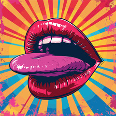 Pink, red lips, mouth and tongue icon on pop art retro vintage colorful background