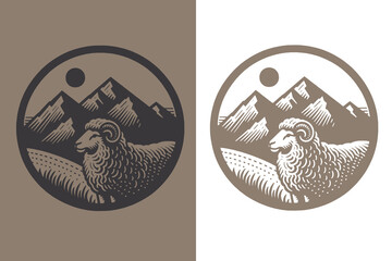Ram sheep in the mountains. Vintage engraving illustration, round emblem, logo