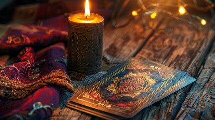 Naklejka na ściany i meble Tarot reader collects tarot cards. Tarot cards face down on a table next to burning candles.