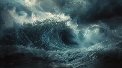 Massive Wave Surging in Open Ocean - obrazy, fototapety, plakaty