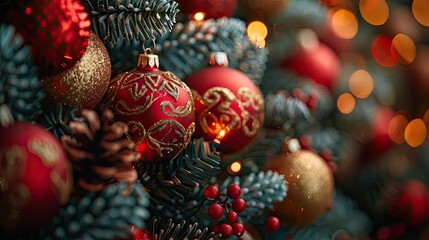 Decorated Christmas tree on blurred background. red ornament on top of a beautifully adorned Christmas tree