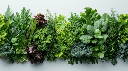 A virtual illustration of a picture frame composed of various leafy salads - arugula, spinach, and kale - displayed against a pure white canvas, emphasizing the shades of green