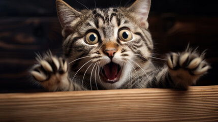 Funny surprised cat with a questioning pose. A cute kitten asks in surprise where the treats are. - obrazy, fototapety, plakaty