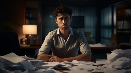 A tired and frustrated young adult and Latin business man is standing in front of his modern office desk with his hands crumbling a paper with side-lighting 
