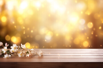 Empty wooden planks or tabletop in front of a blurred bokeh flowers and silk and minimalist background a product display background or wallpaper concept with backlighting 