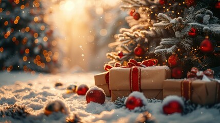 Christmas Tree With Baubles And Blurred Shiny Lights. christmas tree with gift boxes  on beautiful winter scenery, copy space