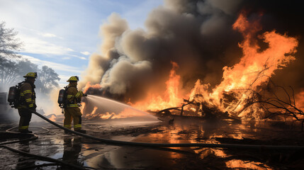brave firefighters spring into action, battling flames with skill and determination to protect lives and property teamwork and courage of firefighters putting out a fire, risking their safety 