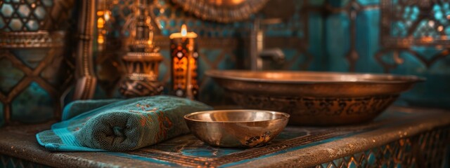 The elegance of a Turkish hammam by showcasing traditional bath accessories such as copper bowls, scrubbing mitts, and ornate soap dishes. - obrazy, fototapety, plakaty