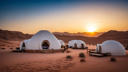 Luxury glamping igloo tents in a desert oasis at sunset - obrazy, fototapety, plakaty
