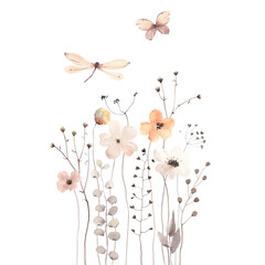 Wallpaper with delicate abstract flowers, plants, flying butterfly and dragonfly, watercolor isolated print for cover, background, invitation or greeting cards. Floral design coral and brown colors.