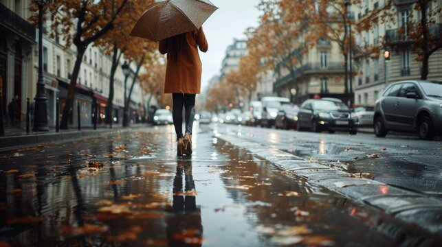 Fototapeta Stylish parisian woman in cinematic rain scene with umbrella, reflecting on the wet streets