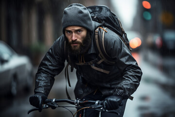 A beautiful young adult of Mongolian hipster man riding his bicycle to work, a backside portrait of a guy commuting on a bicycle on a rainy day in an urban street at mid-day 