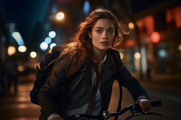 A beautiful adult of Caucasian hipster woman riding her bicycle to work, a frontside portrait of a woman commuting on a bicycle on a sunny day in an urban street at midnight 