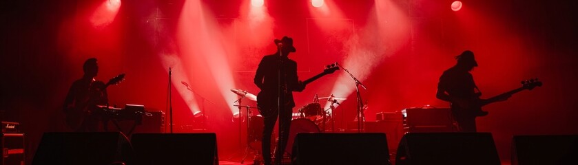 Under the red spotlight, the silhouetted figures of a band merge with the rhythm of music in a live concert