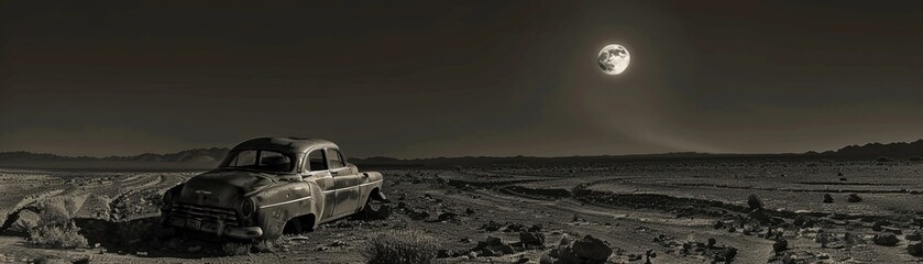 Under a monochrome sky, a vintage car lies in desolation, its story illuminated only by the soft glow of the moon - obrazy, fototapety, plakaty