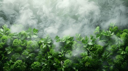 An AI-generated image showcasing a picture frame composed of vibrant green herbs - parsley, cilantro, and dill - displayed on a white canvas, with delicate tendrils of steam weaving through them - obrazy, fototapety, plakaty