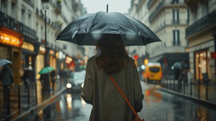 Stylish parisian woman in a cinematic rainy day scene with umbrella on reflective streets - obrazy, fototapety, plakaty