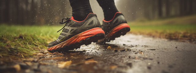  male or man Caucasian trail runner running on a path between meadows with a close-up of the trail running shoes during a rainy day 