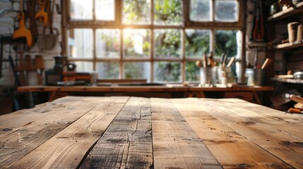 Empty wooden table in the foreground; blurred background with carpenter's tools on the wall