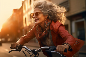 A beautiful elderly of Caucasian hipster woman riding her bicycle to work, a backside portrait of a woman commuting on a bicycle on a sunny day in an urban street at sunset  - obrazy, fototapety, plakaty