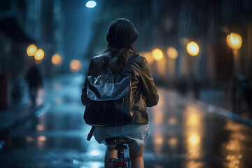 A beautiful young adult of Asian hipster woman riding her bicycle to work, a backside portrait of a woman commuting on a bicycle on a rainy day in an urban street at midnight 