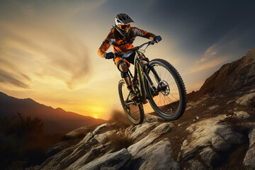 A stunning foto of a young adult and Latin man riding his bicycle on a rocky mountain, a backside portrait of a guy racing his mountain-bike on a hillside full of rocks at sunset 