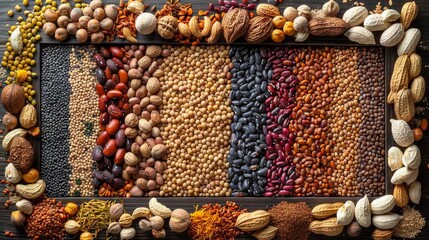 An AI-rendered image featuring a picture frame constructed from various beans and legumes, presented on a clean white background, where the natural textures and colors are celebrated - Powered by Adobe