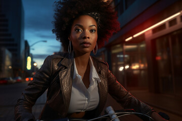 A beautiful adult of South-Africanformal woman riding her bicycle to work, a frontside portrait of a woman commuting on a bicycle on a sunny day in an urban street at midnight 