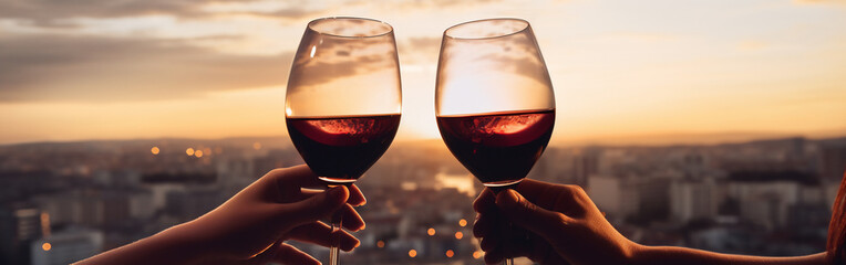 Two female hands toasting or clinking with red wine glasses on a city and minimalist background 