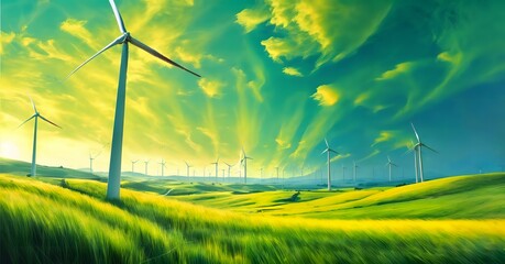 Wind turbines in green fields, under cloudy skies With the wind's influence affecting the atmosphere - obrazy, fototapety, plakaty