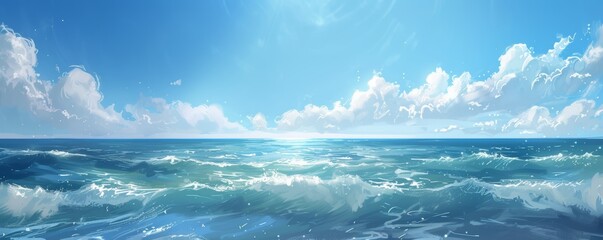 Sunny ocean panorama with vibrant blue waves and sky