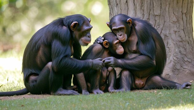 a family of chimpanzees grooming each others fur upscaled 26