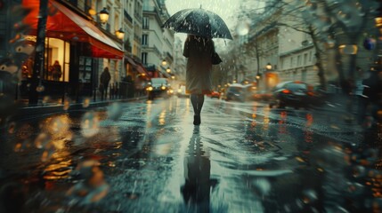 Cinematic parisian woman with umbrella on rainy day, realistic reflections in puddled street - obrazy, fototapety, plakaty