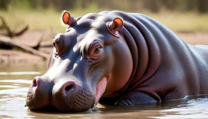 a hippopotamus with its ears twitching alert to i upscaled 2 - obrazy, fototapety, plakaty